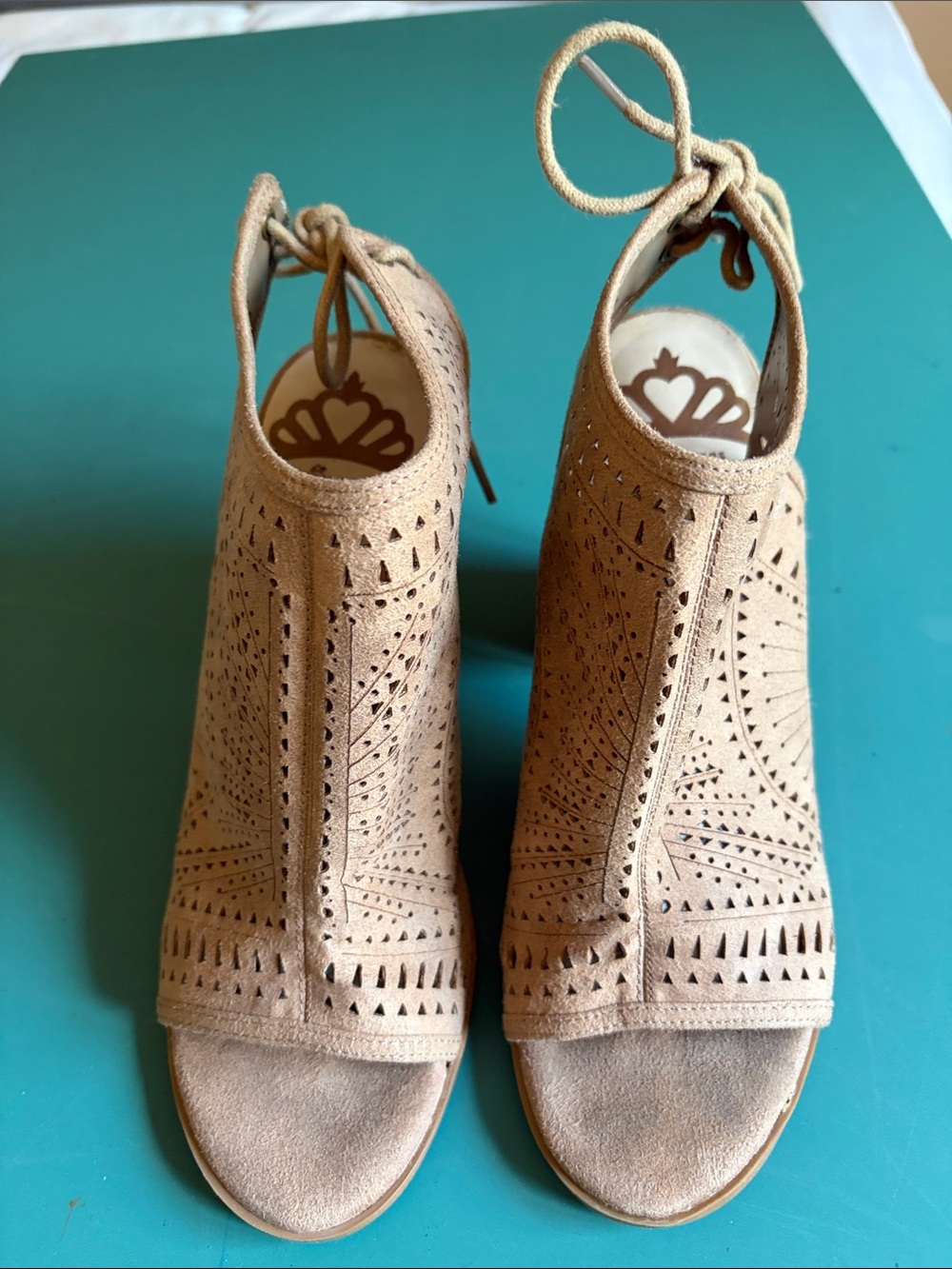 Fergalicious by FergieLaser-Cut Tan Peep-Toe Ankle Heels with Lace-Up Back. Size